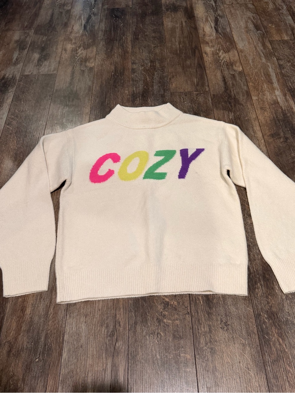 🌺a new day Cream Turtleneck Sweater with Pink, Yellow, Green & Purple "COZY"